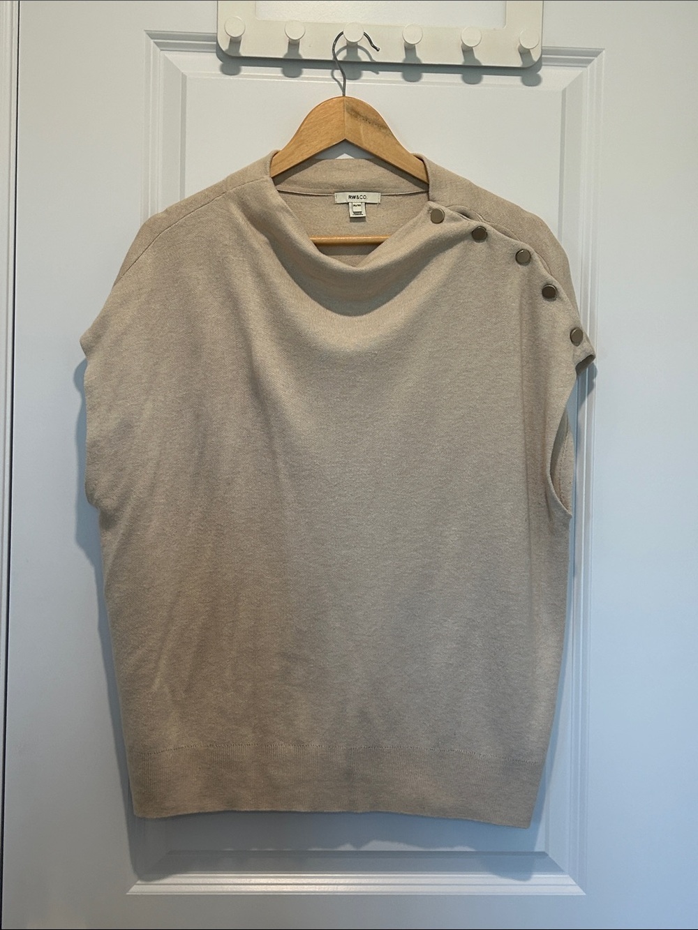 Cream Sleeveless Crewneck Sweater with Button Shoulder